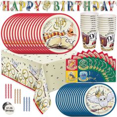 birthday party supplies including plates, cups and napkins