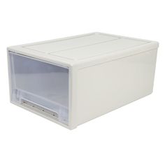 a white plastic storage box with its lid open