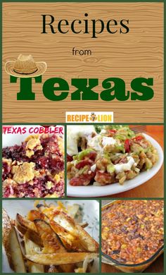 the cover of recipes from texas, including casserole and other foods on display