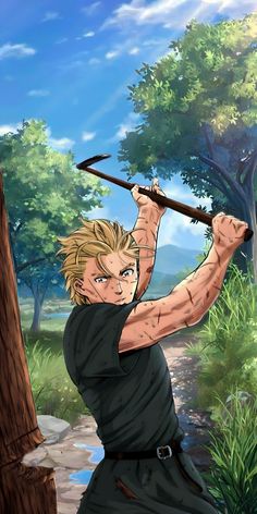 an anime character holding a large ax in his hand and looking at the camera while standing next to a tree