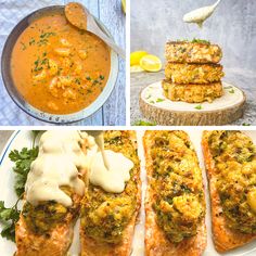 bowl of creamy cajun sauce with shrimp, stack of three salmon patties with salmon patty sauce spooned over the top, plate of shrimp and crab stuffed salmon with creamy parmesan sauce drizzling over top. Sauces For Salmon, Seafood Sauces, Salmon Ideas, Creamy Sauces, Spicy Seafood