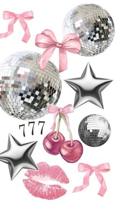 an image of disco balls, lipstick and stars on white background with pink ribbon bow