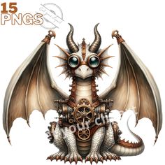 a drawing of a dragon sitting on top of a mechanical device with large horns and huge eyes