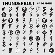 a set of lightning bolt designs in black and white on a gray background with the text thunder bolt 64 designs