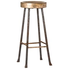 a metal and wood stool with a round seat on it's backrest, against a white background