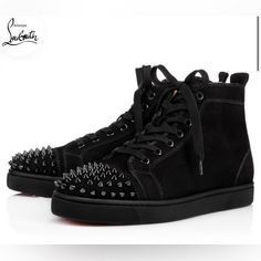 Authentic Designer Christian Louboutin Men’s Suede Black High-Top Sneakers; Never Worn; Made In Europe; Lou Spikes Black Suede High-top Sneakers With Studded Outsoles, Designer Black High-top Sneakers With Studded Outsoles, Black Custom Sneakers With Spikes And Round Toe, Black Custom Sneakers With Spikes, Black High-top Sneakers With Spikes And Round Toe, Black High-top Sneakers With Spikes, Black Spiked High-top Sneakers, Luxury High-top Sneakers With Red Sole, Black Leather High-top Sneakers With Spikes