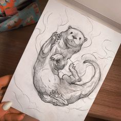 a drawing of two otters holding each other in their arms, with the one on its back