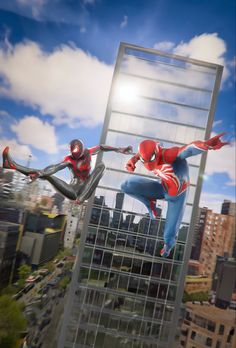 two spider - man are flying through the air in front of a cityscape