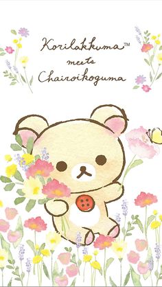 a card with a teddy bear and flowers