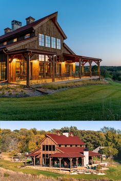 two pictures side by side of a large house