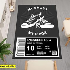 a rug with a pair of sneakers on it