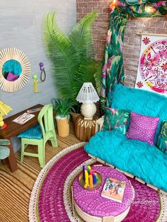 a living room filled with lots of furniture and decor on top of a wooden floor