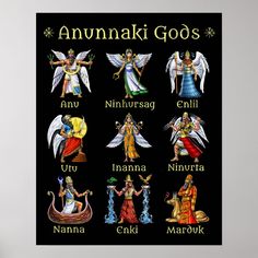 an image of many different types of angels on a black background with the words annmaki god's