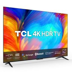 the tcl 4khdr tv is shown in front of a white background