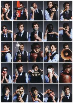 a collage of photos with men in suits and ties holding different objects, including an orange object