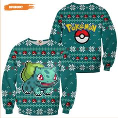 a green sweater with an image of pokemon on it