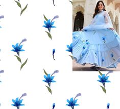 a woman in a blue dress with flowers on it and an image of the skirt