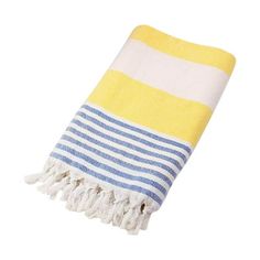 a yellow and blue striped towel on a white background