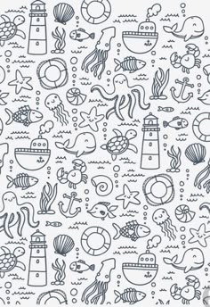 an ocean themed background with marine animals and other things in black ink on white paper