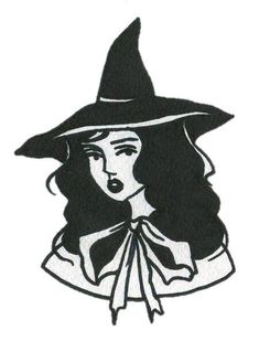 a drawing of a woman wearing a witches hat