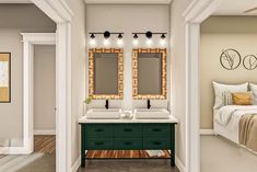 an artist's rendering of a bathroom with double sinks and mirrors