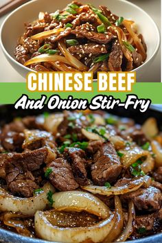 chinese beef and onion stir fry in a bowl