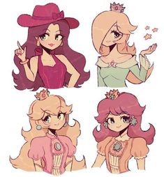 four cartoon girls with different hair colors and hats, one is holding her hand up to the