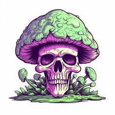 a skull with a mushroom hat on it's head and green leaves in the foreground