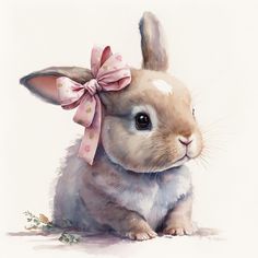 a watercolor painting of a bunny with a pink bow on it's head