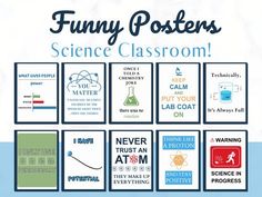 a poster with the words funny posters in blue and green, on top of a white background