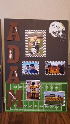 this is an image of a football themed photo frame with the name and pictures on it