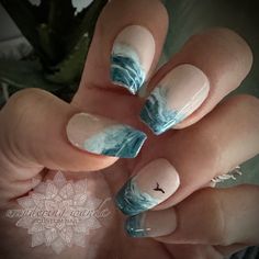 Big kahuna wave nails with two seagulls surfing the crest in the pale skies. Gloss finish. * Short Coffin & Short Square shape shown Handpainted. Each set is unique, no two sets are identical. 10 Salon quality gel press on nails made by a professional nail artist. Vegan & Cruelty Free Your new nail enhancements come with 10 custom nails in a box with protective packaging, detailed instructions for application & removal, cuticle pusher, wood file, buffer, alcohol wipe, nail tabs, glue & lotion sp Short Coffin Beach Nails, Beach Vacay Nails Simple, Simple Beach Nails Short, Wave Nails Design, Beach Wave Nails, Nails For Cruise, Nails Waves, Nails For Mexico, Water Nails Design