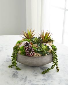 an arrangement of succulents and other plants sits on a marble table in front of a window