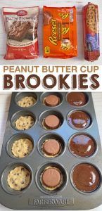 an advertisement for peanut butter cup cookies with chocolate chip cookies in the middle and candy bars in the back