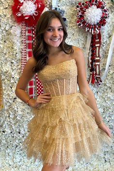 Gold Dot Strapless Layers Homecoming Dress Shein Codes, Gold Corset, Dance Stuff, Hoco Dress, Tiered Ruffle Skirt, Satin Short, School Dance, Short Homecoming Dress, Dress Princess