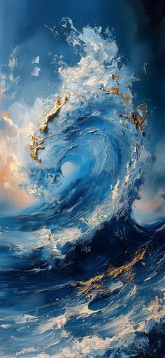 an abstract painting of waves in the ocean with gold and blue paint on it's surface