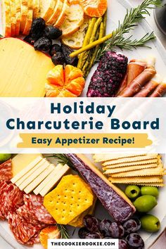 a holiday charcuterie board with cheese, crackers and olives on it