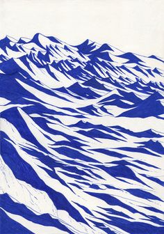 a blue and white drawing of snow covered mountains