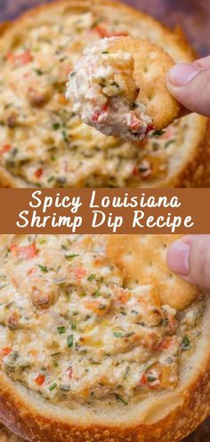 a hand holding a piece of bread with shrimp dip in it and the text spicy louisiana shrimp dip recipe on top