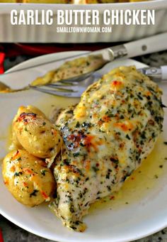 garlic butter chicken on a plate with potatoes