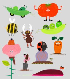 an image of some cartoon characters in the air with plants and bugs around them on a gray background