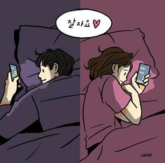 two people laying in bed with cell phones next to each other, one has a thought bubble above his head