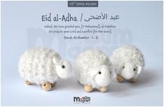 three white sheep standing next to each other in front of a sign that says eid al - adha