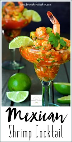 the mexican shrimp cocktail is garnished with cilantro and lime