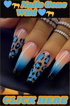 Roar with style and rock this fierce blue leopard print ombre nail design. Click to find more wild and wonderful nail art ideas on my website!bluenail,leopardprint,nailart,nailart,nails,naildesigns,nailinspo,manicure,beauty,fashion,style,gelnails ,acrylic nails,nailartdesigns,geometricnails,floralnails,frenchmanicure,ombrénails ,marblenails,summernails,winternails,holidaynails,weddingnails,valentinesnails ,rednails,pinknails,bluenails,nudenails,blacknails,springnails Fun Long Nails, Chinese Nails Designs, Wild Nail Designs, Chinese Nails, Statement Nails, Leopard Nail Designs, Cheetah Nail Designs, Sassy Nails