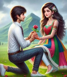 a man kneeling down next to a woman holding a rose in her hand while she holds the flower