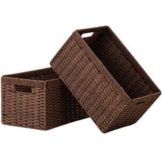 two brown wicker baskets sitting next to each other