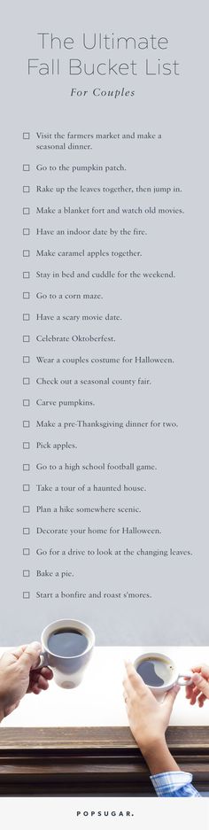 We challenge you and your partner to complete all of these activities before Fall is over. It will bring you closer together right in time for the holidays! Couples Bucket List, Things To Do Together, Diy Projects For Couples, Boyfriend Bucket Lists, Fall Couples, Couple Pillow, Couple Activities, Halloween Disney, Cute Date Ideas