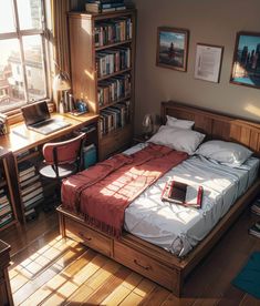 a bedroom with a bed, desk and bookshelf