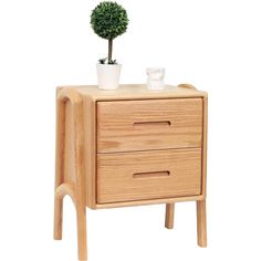 a wooden nightstand with two drawers and a potted plant on the top one drawer